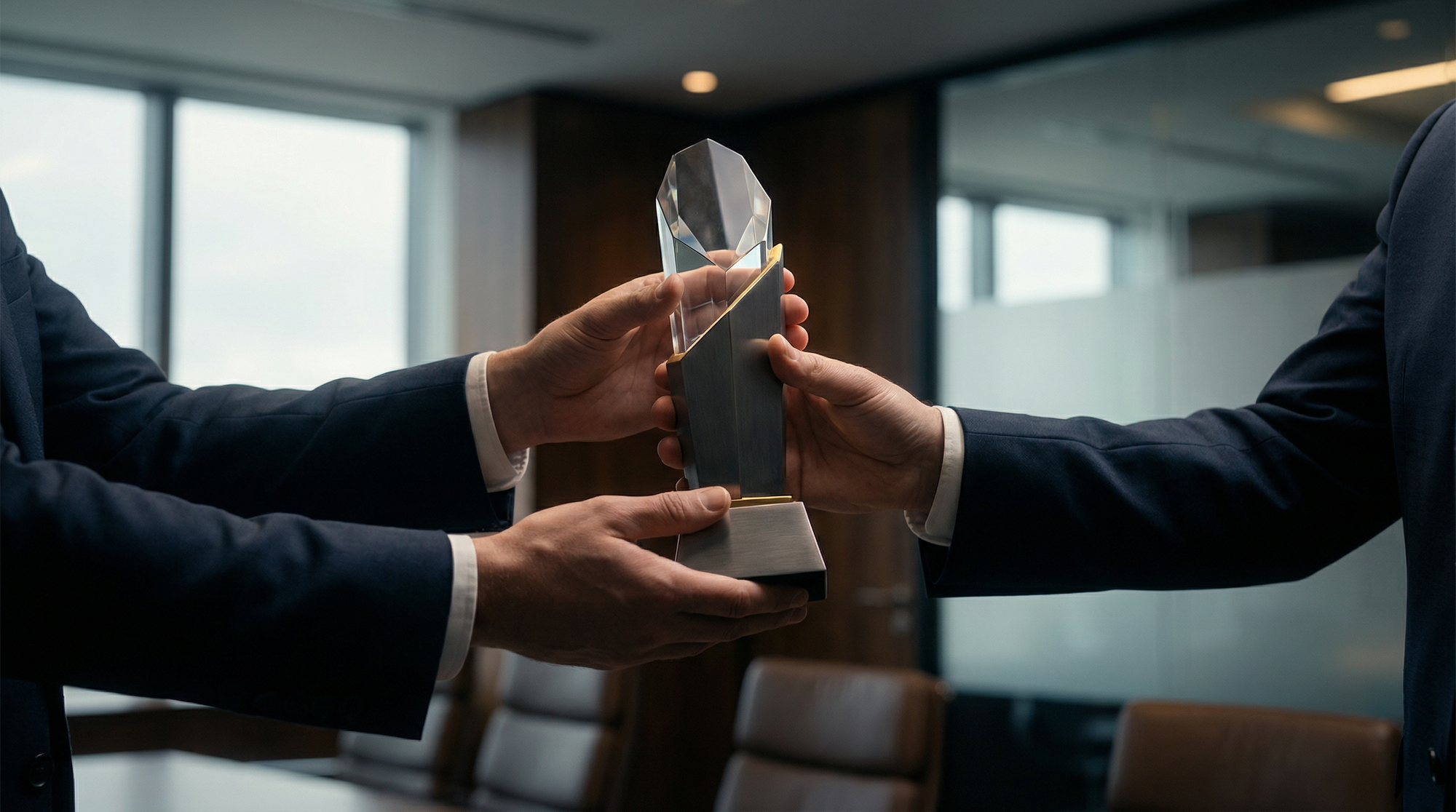 Reconocimiento empresarial premium entregado en un entorno corporativo elegante