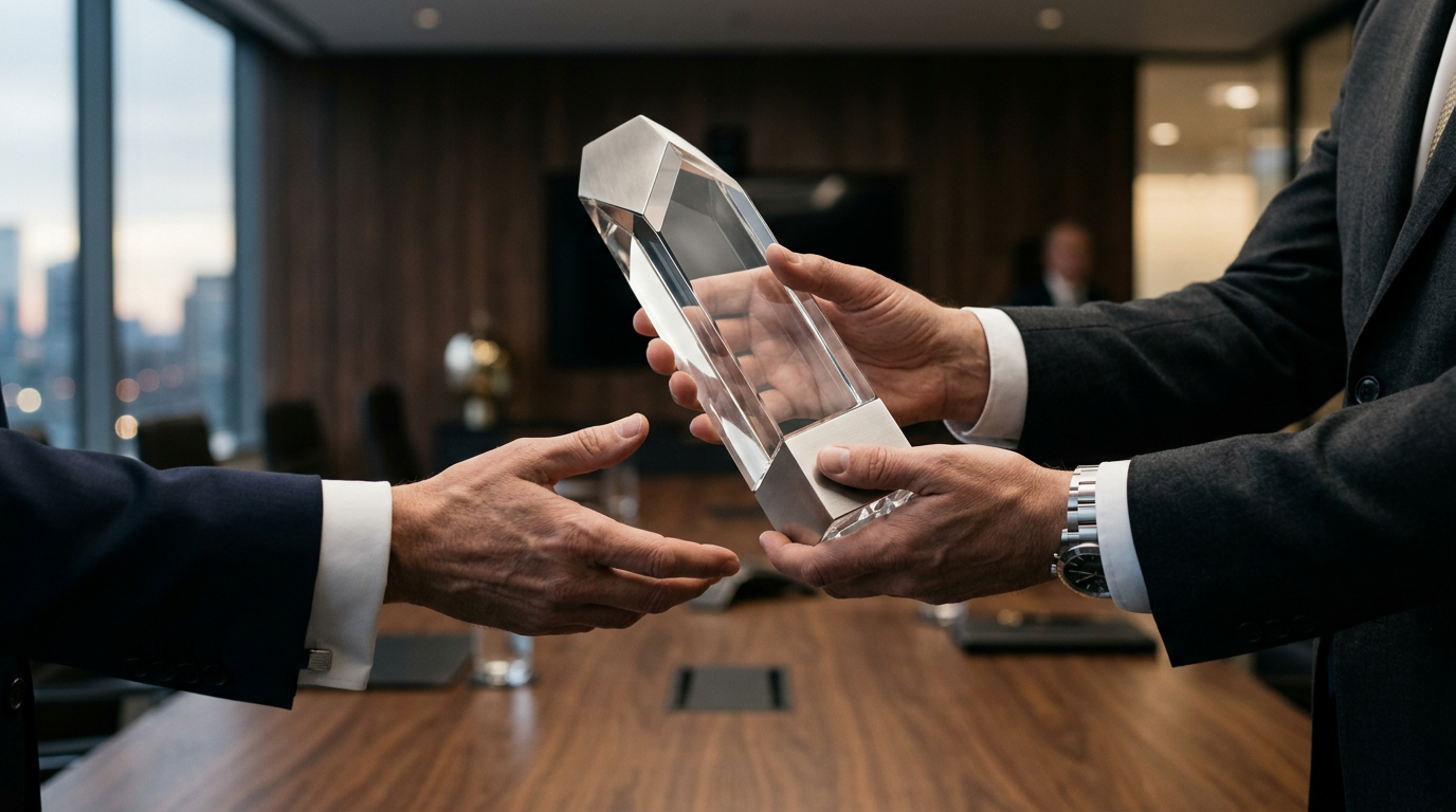 Reconocimiento personalizado empresarial de cristal con grabado y diseño elegante para premiación corporativa