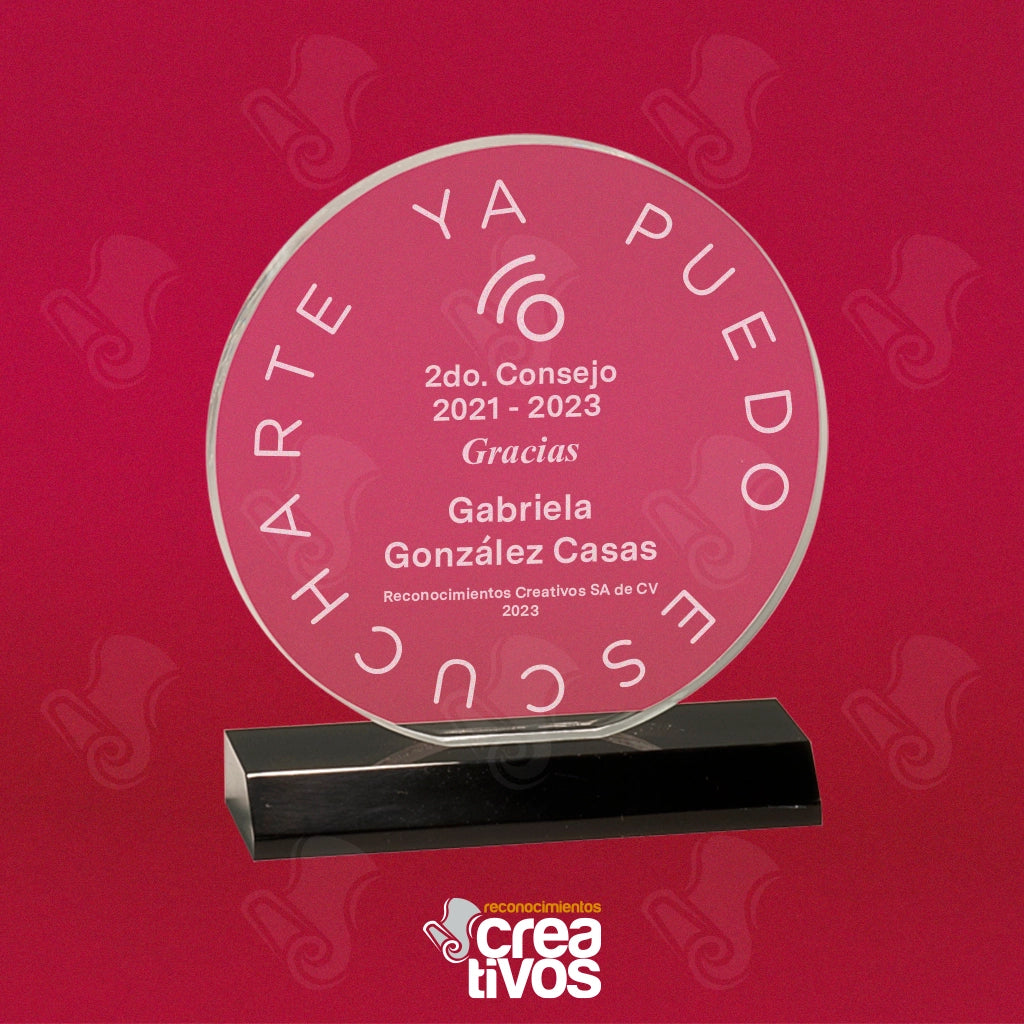 Reconocimiento de Acrílico Grabado Personalizado Circular con Base Negra