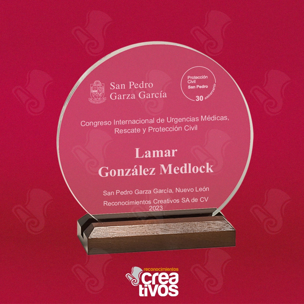 Reconocimiento de Acrílico Grabado Personalizado Circular con Base Café