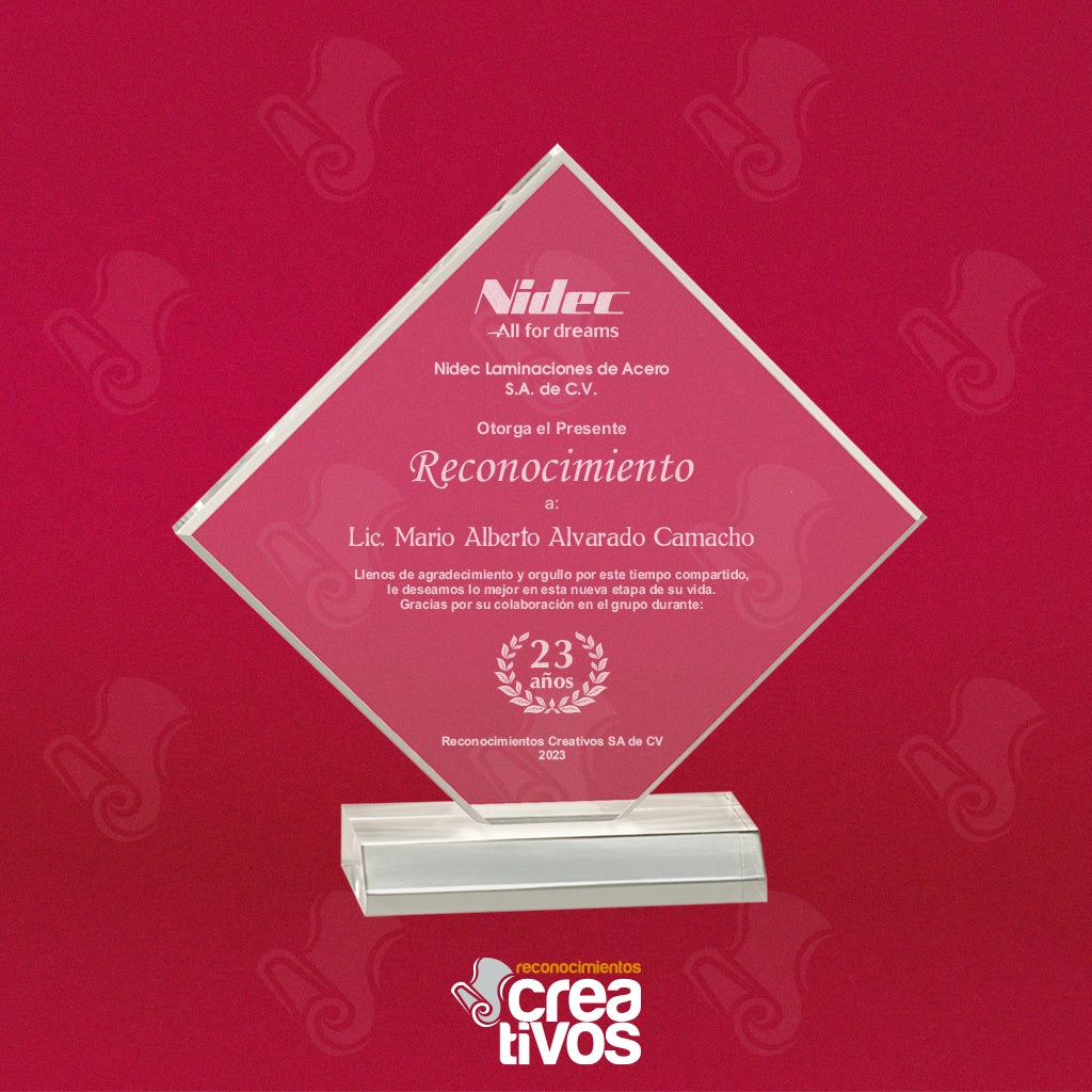 Reconocimiento de Acrílico Grabado Personalizado Diamante con Base