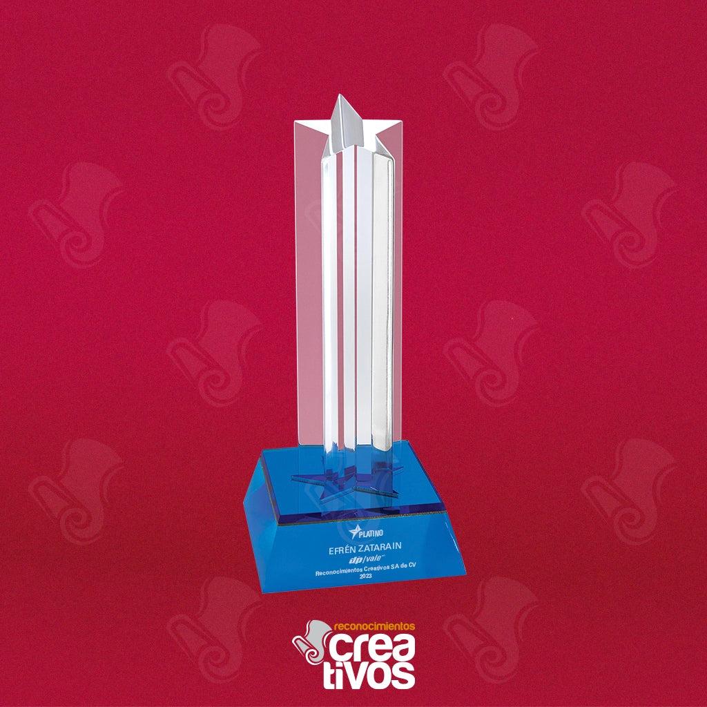 Reconocimiento de Acrílico Grabado Personalizado Estrella Columna Azul