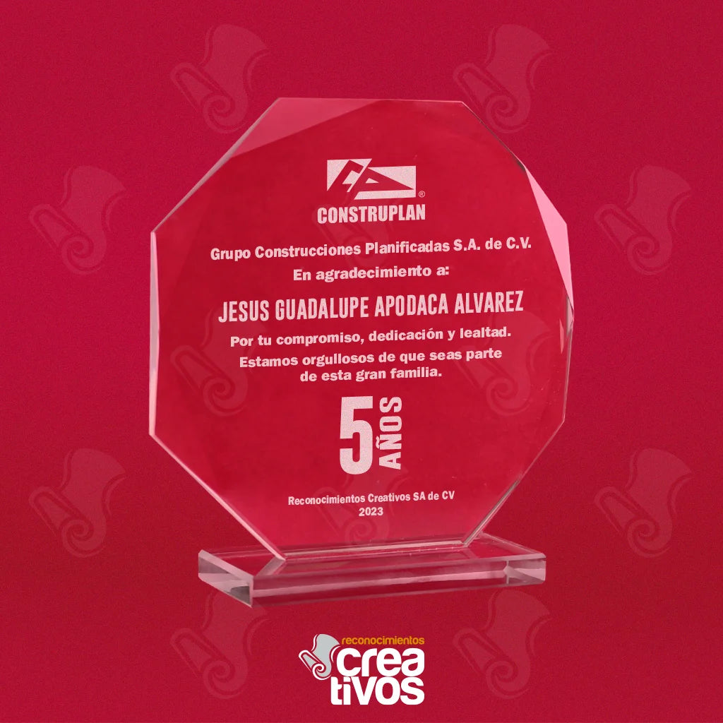 Reconocimiento de Vidrio Grabado Personalizado Diamantado