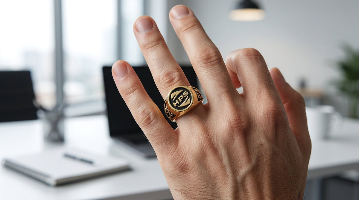 Anillo empresarial de antigüedad personalizado con logotipo y años de servicio grabados en acabado metálico premium